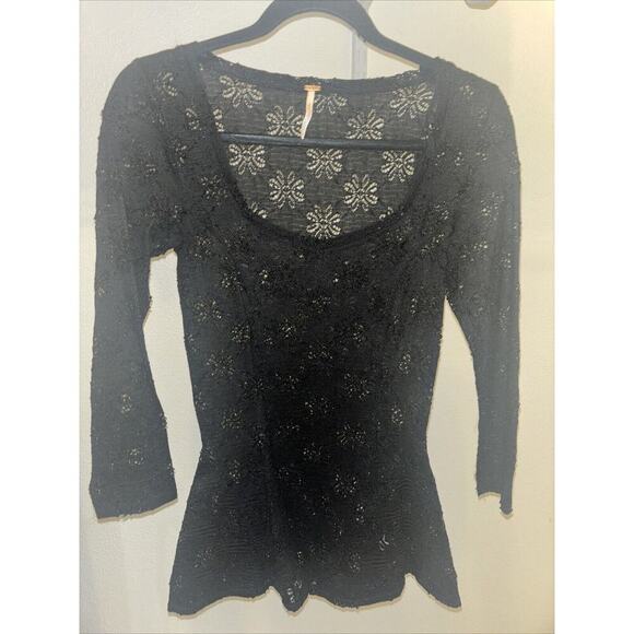 Free People Women’s Blouse Shirt Top Sz Sm Peplum Lace Floral Embroidery Black - Picture 1 of 4